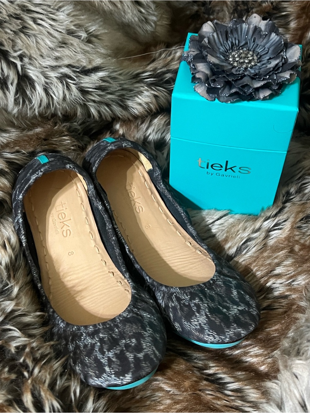 Tieks Black Leopard Flats